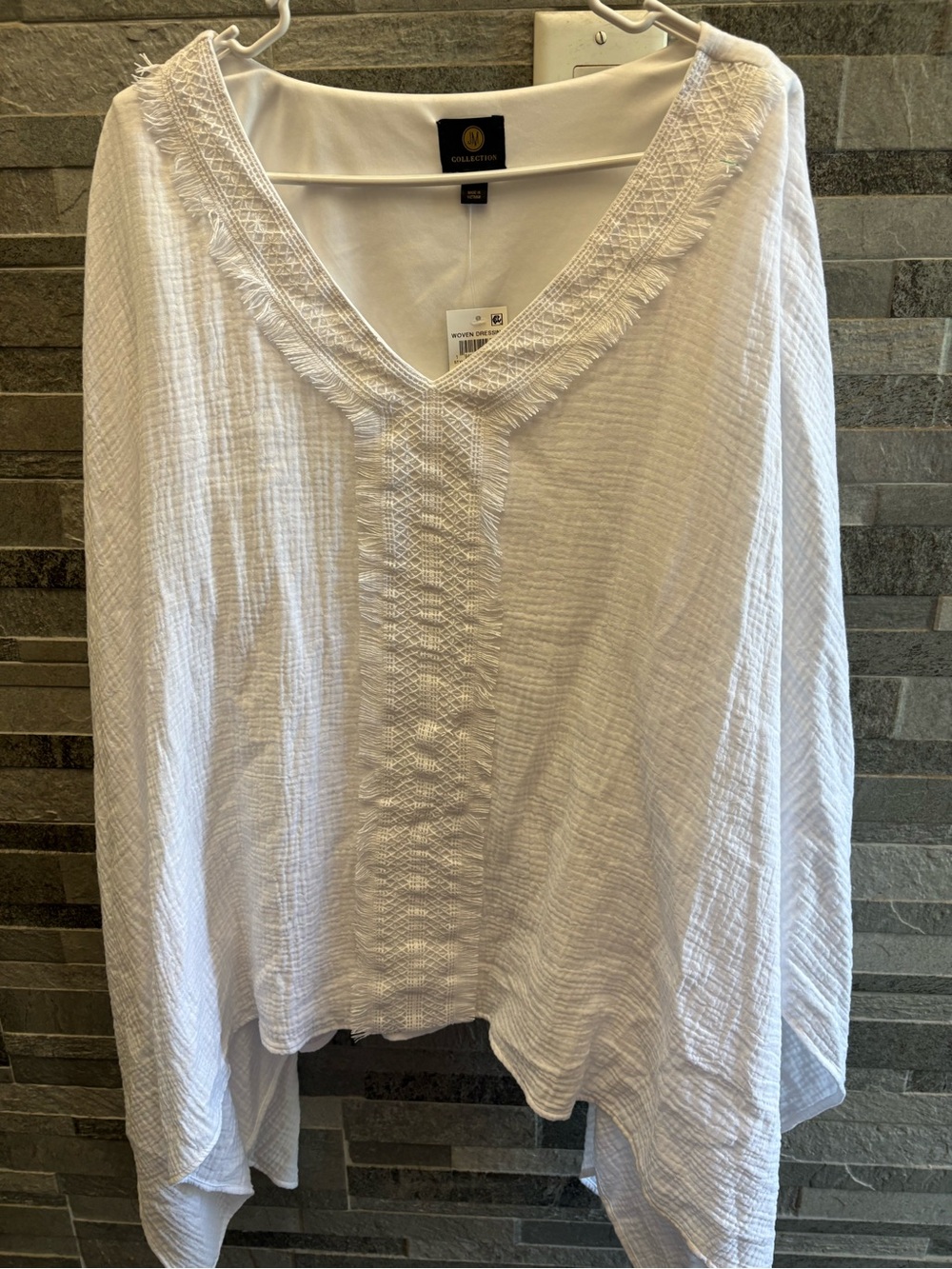 JM Collection White V-Neck Fringe Gauze Tunic
